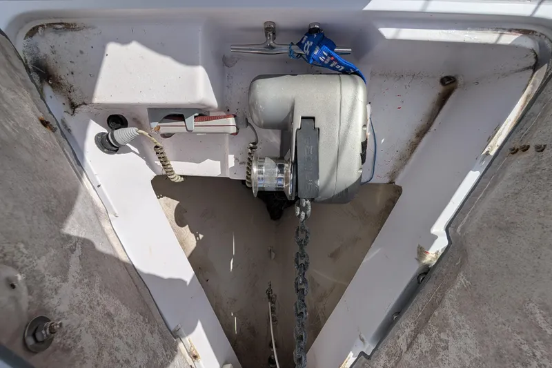 Slide: The Image of Anchor chain storage in 2021 Catalina 315 sailboat compartment. - 48