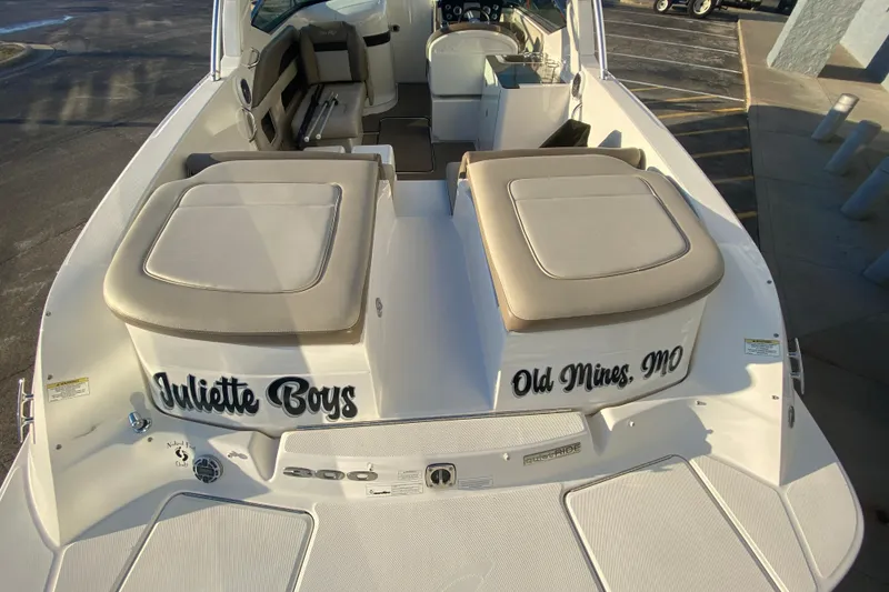 Slide: The Image of 2012 Sea Ray 300 SLX boat with beige seating, labeled "Juliette Boys," Old Mines, MO. - 20