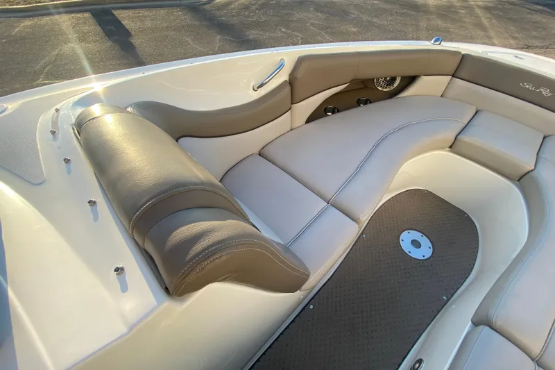 Slide: The Image of Luxurious seating on 2012 Sea Ray 300 SLX boat, featuring elegant leather upholstery. - 35