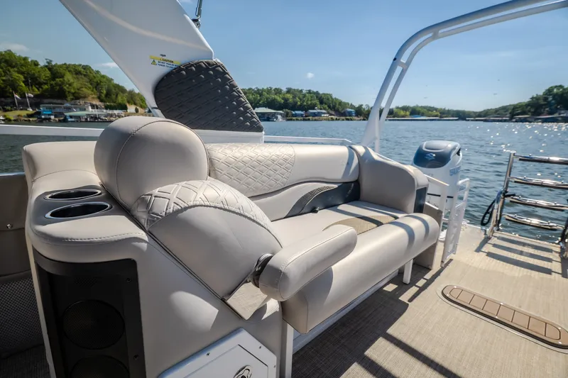 Slide: The Image of Luxurious seating on 2026 JC Sporttoon 26TT pontoon boat, with scenic lake view. - 43