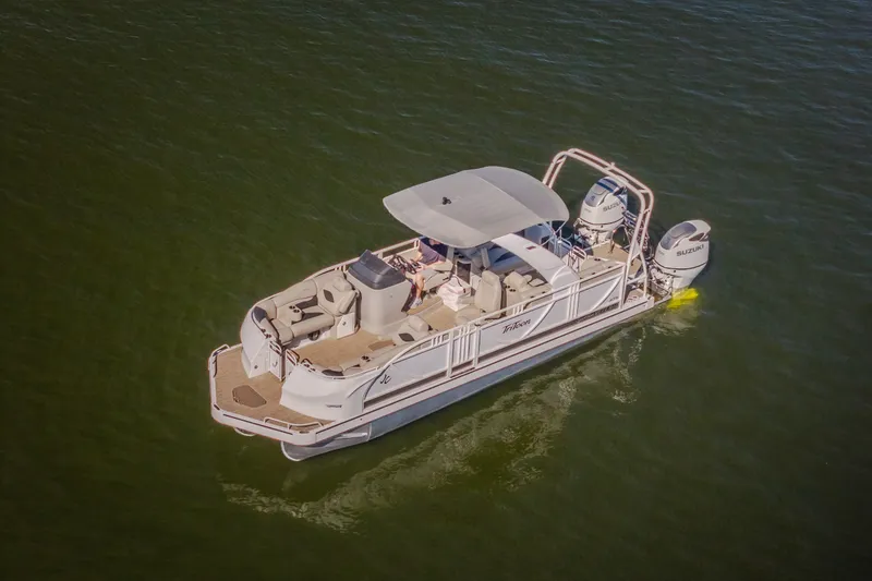 Slide: The Image of Aerial view of 2026 JC Sporttoon 26TT pontoon boat cruising on water. - 60
