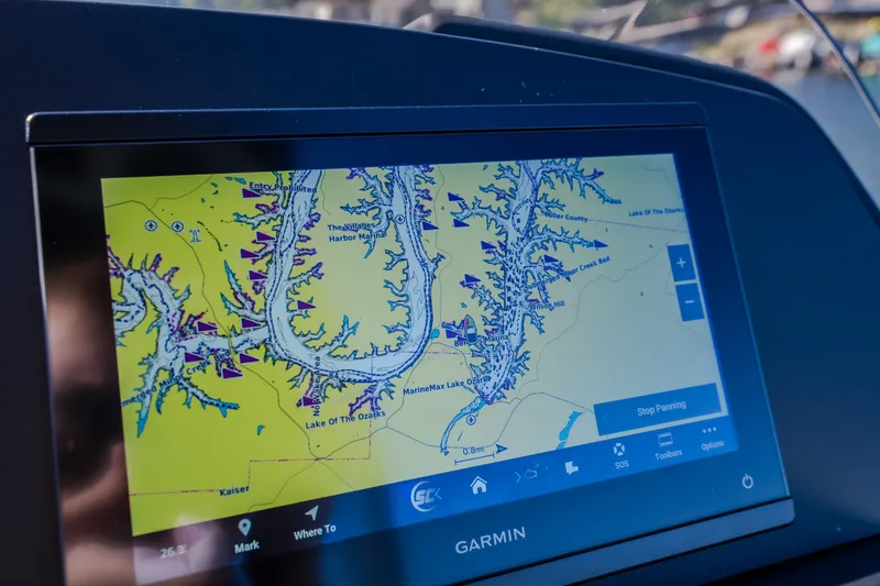 Slide: The Image of Garmin navigation screen displaying Lake of the Ozarks map on JC Sporttoon 26TT, 2026 model. - 52