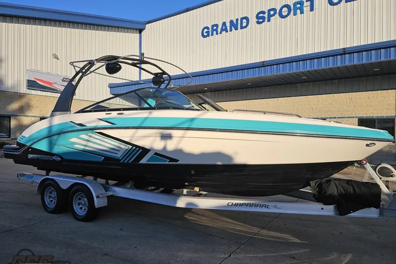 Slide: The Image of 2016 Chaparral Vortex 243 VRX boat on trailer at Grand Sport Center. - 9