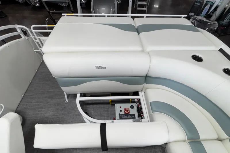 Slide: The Image of Luxurious seating on 2026 JC Neptoon 25TT Sport pontoon boat with integrated storage. - 13