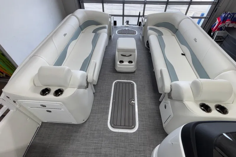 Slide: The Image of Luxurious interior of 2026 JC Neptoon 25TT Sport pontoon boat with plush seating. - 18
