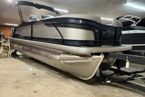 The Image of 2026 MONACO 235SFL pontoon boat in a garage setting. - 1