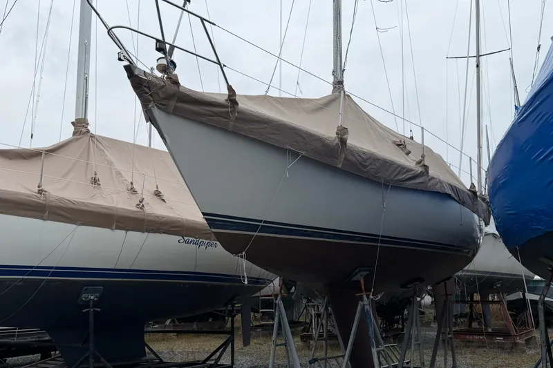 Slide: The Image of 1984 C&C 35-3 sailboat covered and docked in a boatyard. - 51