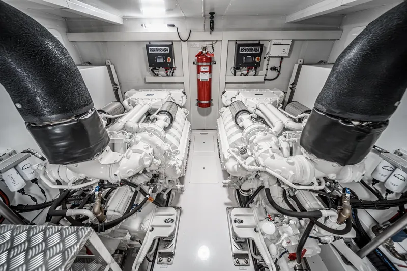 Slide: The Image of Engine room of 2026 Azimut Fly 72 yacht, featuring dual engines and advanced equipment. - 24