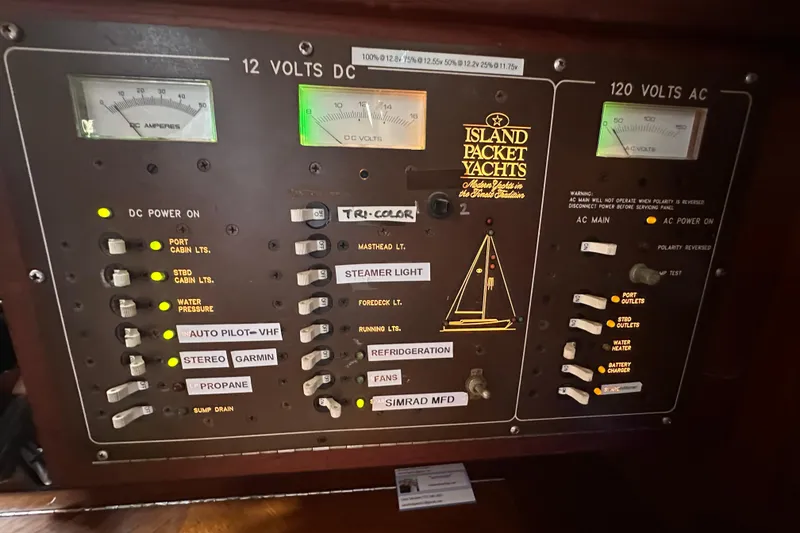 Slide: The Image of Control panel of a 1991 Island Packet 35 yacht, showing DC and AC voltage meters. - 35