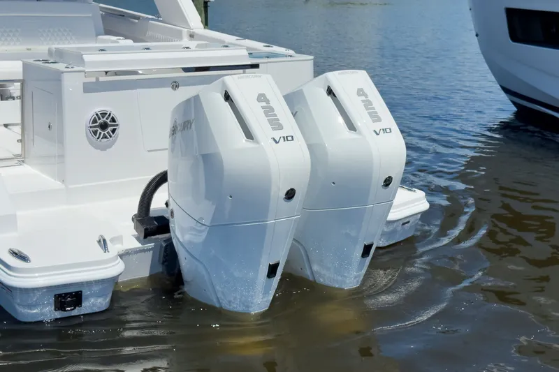 Slide: The Image of Intrepid 35 PANACEA 2026 with twin Mercury 425 V10 engines in water. - 4