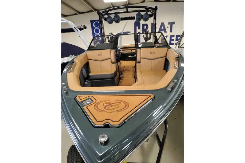 Slide: The Image of 2026 Cobalt R8 Surf boat with luxurious tan interior and sleek design. - 21
