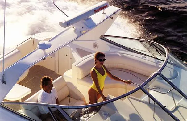 Slide: The Image of 1999 Cruisers Yachts 3870 Esprit in storage, showing deck and equipment. - 3