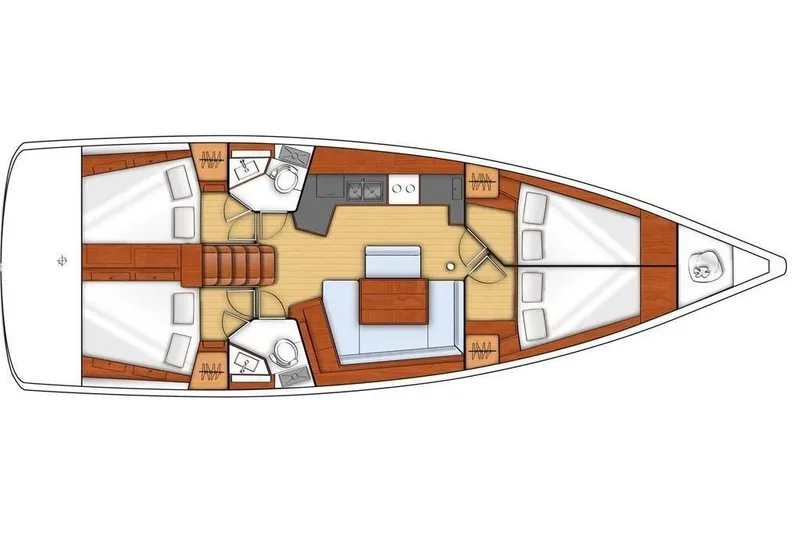Slide: The Image of Floor plan of a 2013 Beneteau Oceanis 45 sailboat, featuring three cabins and two heads. - 11