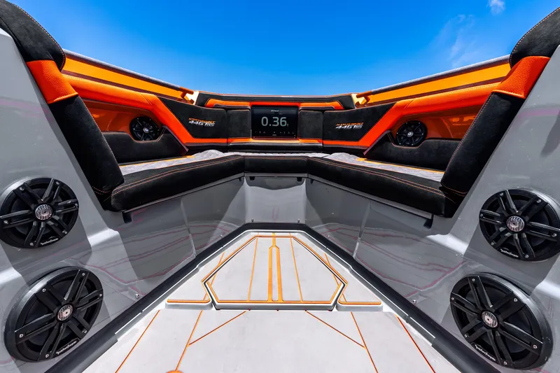 Slide: The Image of Interior of 2025 Statement 44 GRTS boat with modern seating and audio system. - 27