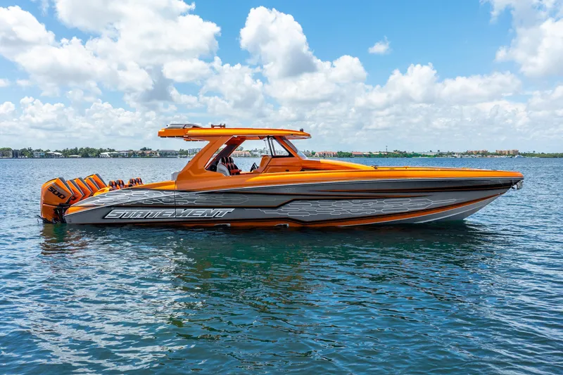 Slide: The Image of 2025 Statement 44 GRTS boat in vibrant orange on calm water under a blue sky. - 6