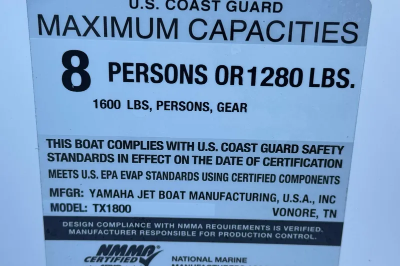 Slide: The Image of 2019 Yamaha Boats SX190 capacity label, U.S. Coast Guard certified for 8 persons or 1280 lbs. - 30