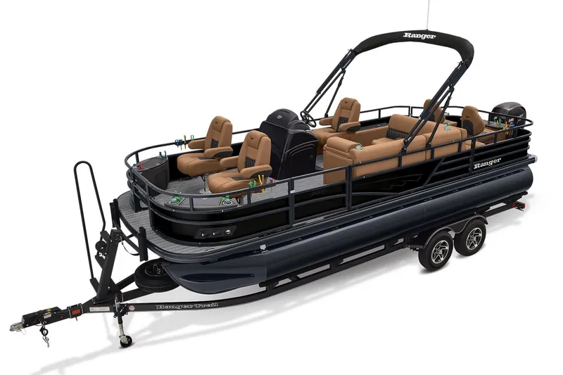 The Image of 2026 Ranger 220F pontoon boat with tan seating and black exterior on a trailer. - 2
