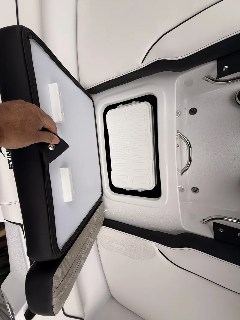Slide: The Image of Stingray 172 DC 2025 boat with storage compartment and upholstery. - 37