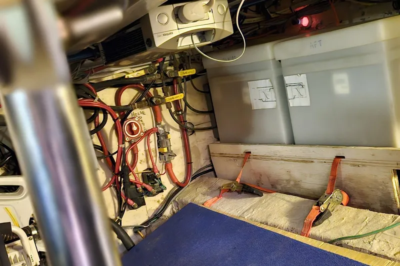 Slide: The Image of Engine room of 1984 Albin Palm Beach 37 with wiring and equipment. - 68