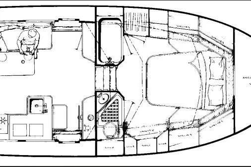 Slide: The Image of 1984 Albin Palm Beach 37 boat layout with cabin, kitchen, and sleeping area. - 71