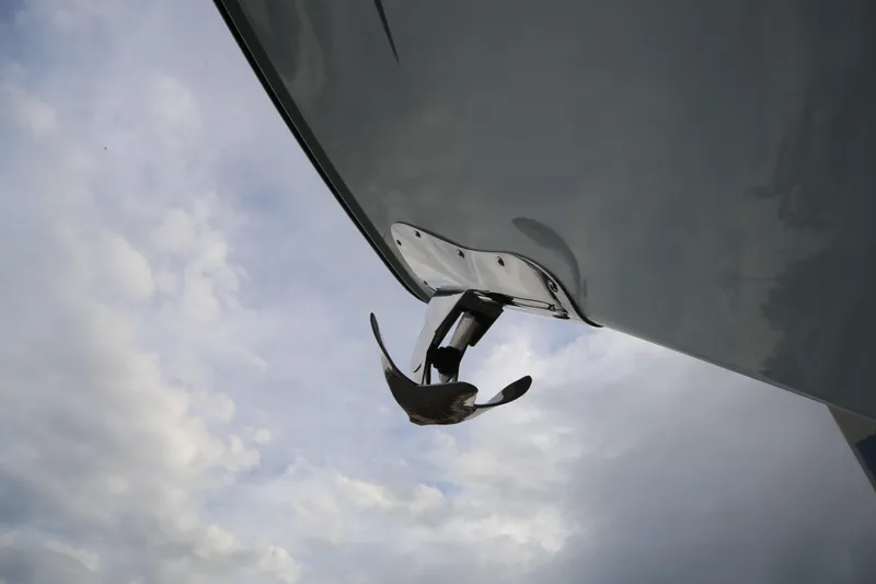 Slide: The Image of San Juan 41 boat anchor against cloudy sky, 2014 model. - 9