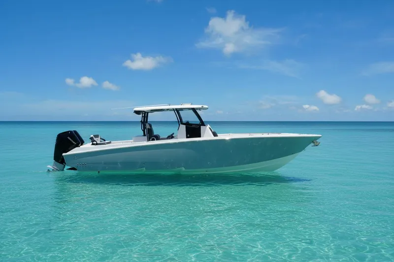 The Image of 2025 Fountain 32 NX Sportfish boat on clear turquoise water under blue sky. - 0