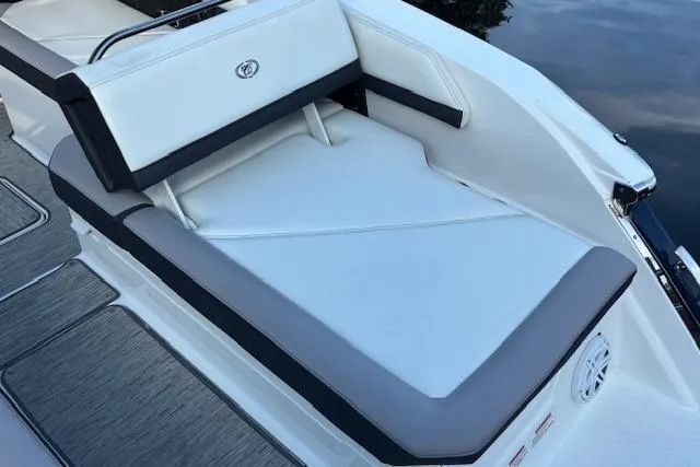 Slide: The Image of 2021 Cobalt R6 Outboard boat with white and gray seating on deck. - 11