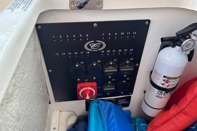 Slide: The Image of Control panel of a 2021 Cobalt R6 Outboard boat with safety equipment. - 31