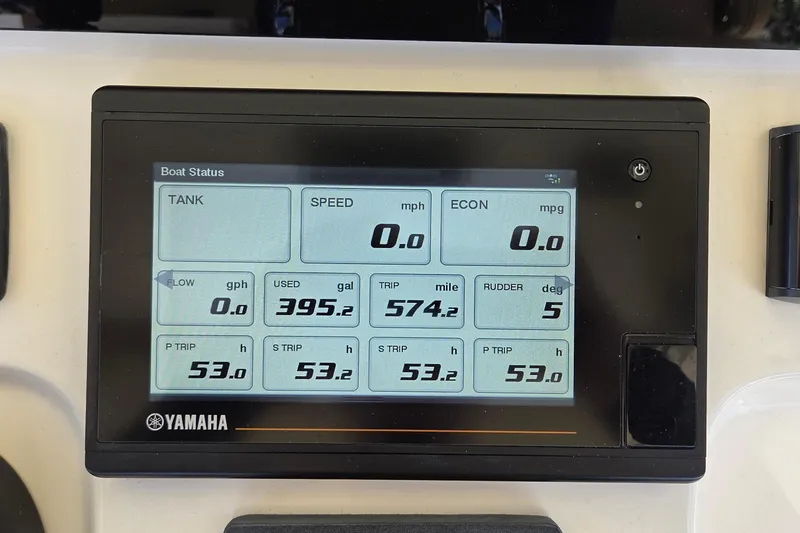 Slide: The Image of Yamaha boat status display on 2021 Scout 305 LXF, showing fuel and trip data. - 28