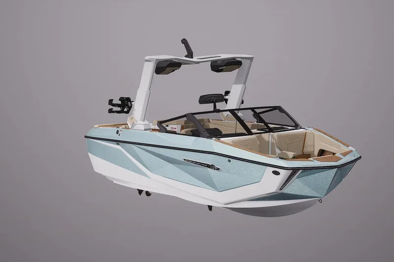 The Image of 2026 Nautique Super Air Nautique G21 boat, sleek design, light blue and white exterior. - 1