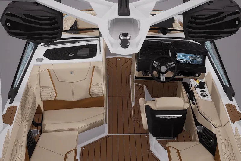 Slide: The Image of 2026 Nautique Super Air Nautique G21 interior with luxurious seating and advanced dashboard. - 3