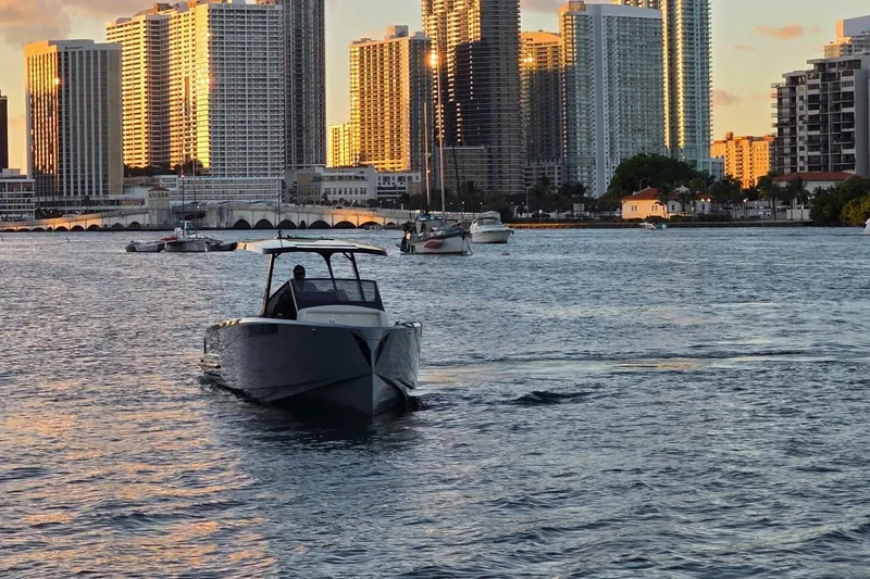 Slide: The Image of 2026 Virtue V10 boat on calm water with city skyline in background. - 42