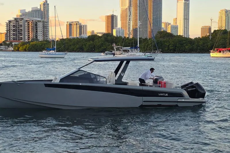 Slide: The Image of 2026 Virtue V10 boat cruising on a calm lake under a cloudy sky. - 43