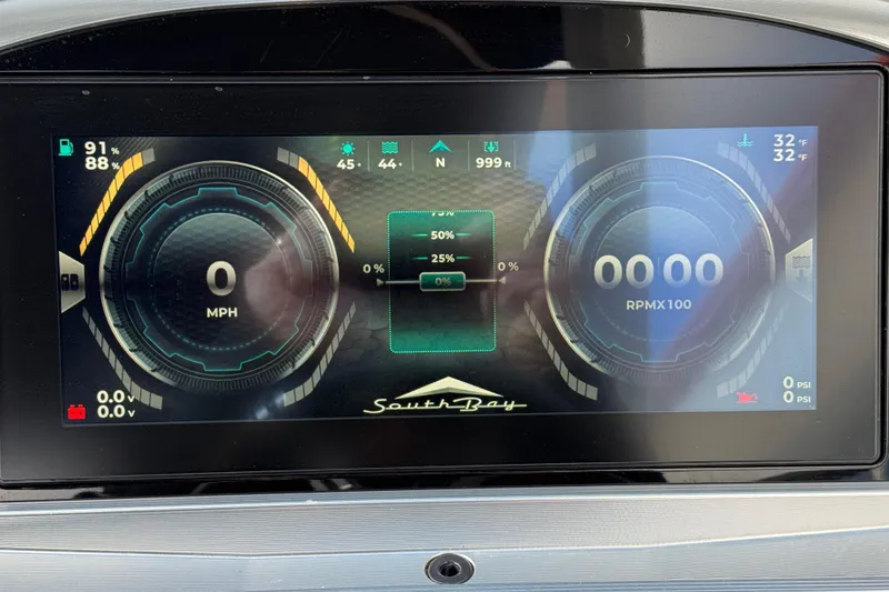 Slide: The Image of Dashboard display of 2022 South Bay 25 Sport RS9-DC showing speed, RPM, and battery status. - 32