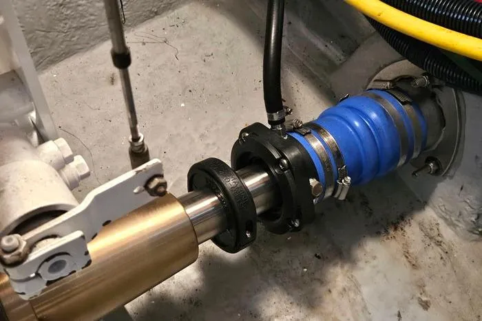 Slide: The Image of Engine room of 2006 Meridian 368 Motoryacht showing shaft and coupling components. - 24