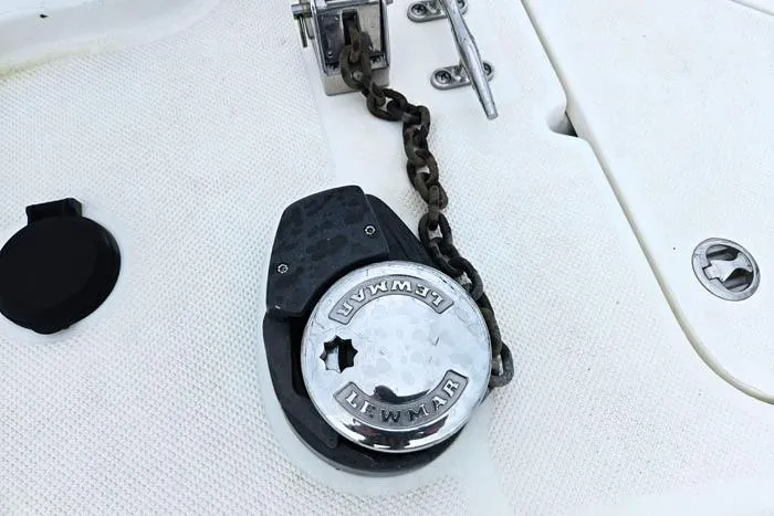 Slide: The Image of Anchor windlass on 2006 Meridian 368 Motoryacht deck, featuring Lewmar equipment. - 30