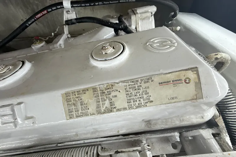 Slide: The Image of Engine of 1992 Ocean Yachts 48 Super Sport with Detroit Diesel label. - 36