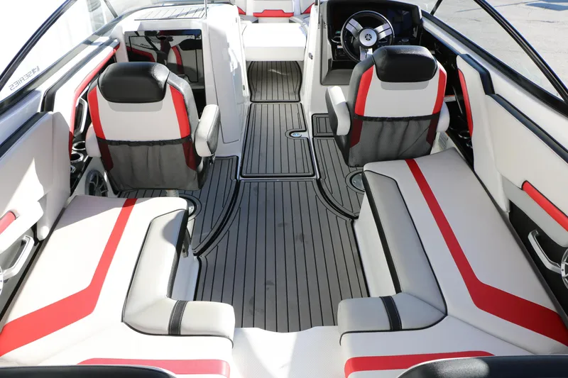 Slide: The Image of 2018 Yamaha Boats 242X E-Series interior with sleek seating and modern design. - 16