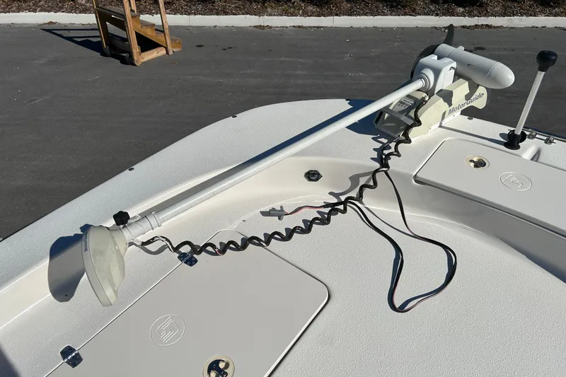 Slide: The Image of 2017 Carolina Skiff 258 DLV boat deck with MotorGuide trolling motor. - 17