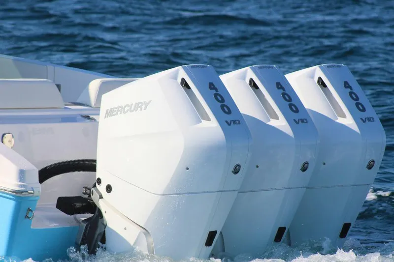 Slide: The Image of Triple Mercury 400 V10 engines on 2025 Fountain 38 SCX boat in ocean. - 5