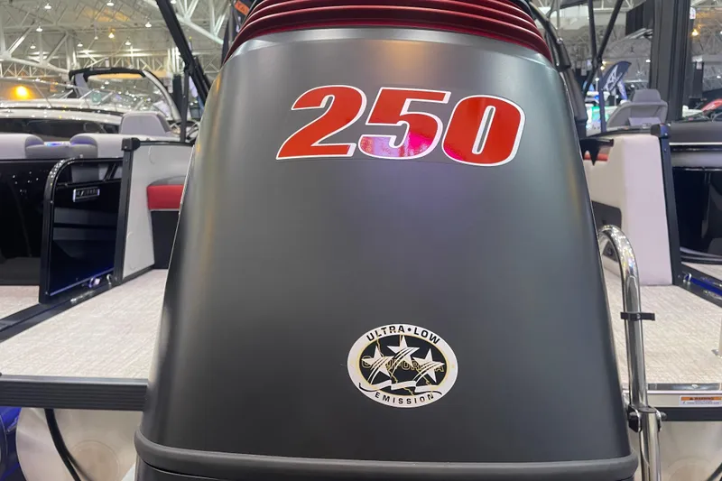 Slide: The Image of 2024 Tahoe Pontoon Cascade Versatile Rear Bench with 250 horsepower engine, ultra-low emission. - 11