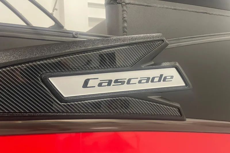 Slide: The Image of 2024 Tahoe Pontoon Cascade Versatile Rear Bench logo on sleek black and red design. - 16