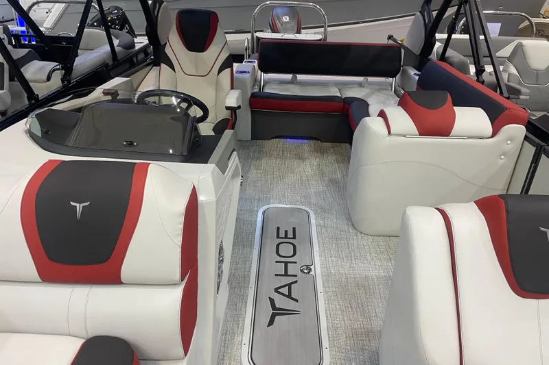 Slide: The Image of 2024 Tahoe Pontoon Cascade Versatile Rear Bench with luxurious seating and modern design. - 2