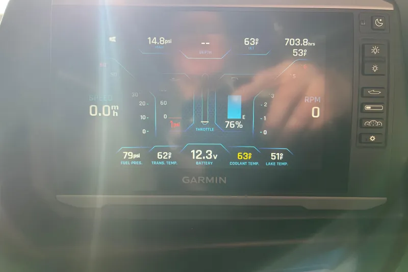 Slide: The Image of 2024 Axis T220 dashboard display showing speed, RPM, and various engine metrics on Garmin screen. - 26