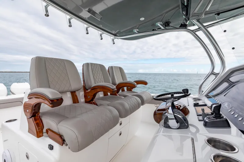 Slide: The Image of Luxurious 2022 Valhalla Boatworks V-41 helm seats with ocean view. - 16