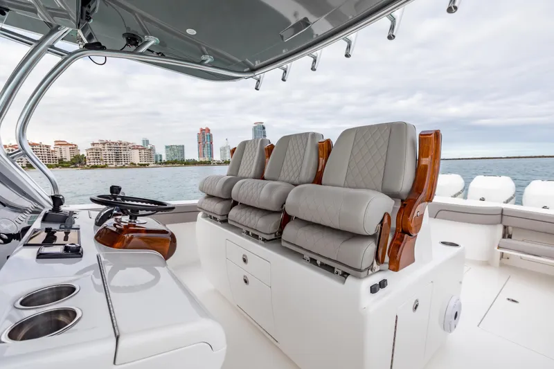 Slide: The Image of 2022 Valhalla Boatworks V-41 with luxurious wooden and leather seating detail. - 18