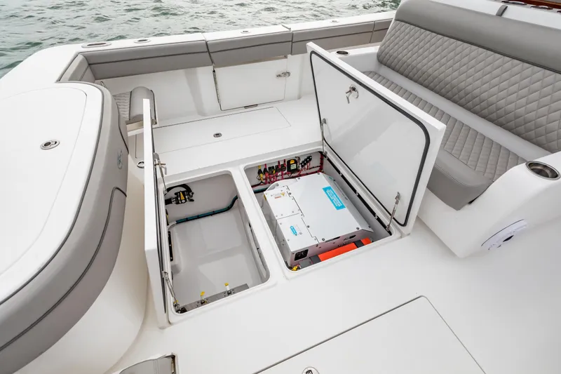 Slide: The Image of 2022 Valhalla Boatworks V-41 interior with seating, ocean view, and modern design. - 26