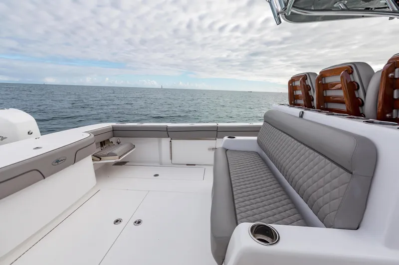 Slide: The Image of 2022 Valhalla Boatworks V-41 on open water, showcasing sleek design and spacious deck. - 33