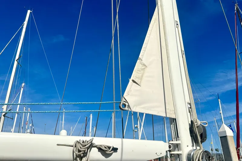 Slide: The Image of Sailboat mast and rigging of 1991 Taswell Sloop against clear blue sky. - 29