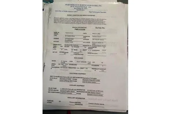 Slide: The Image of Survey document for 1989 Catalina 42 boat, detailing specifications and inspection report. - 44